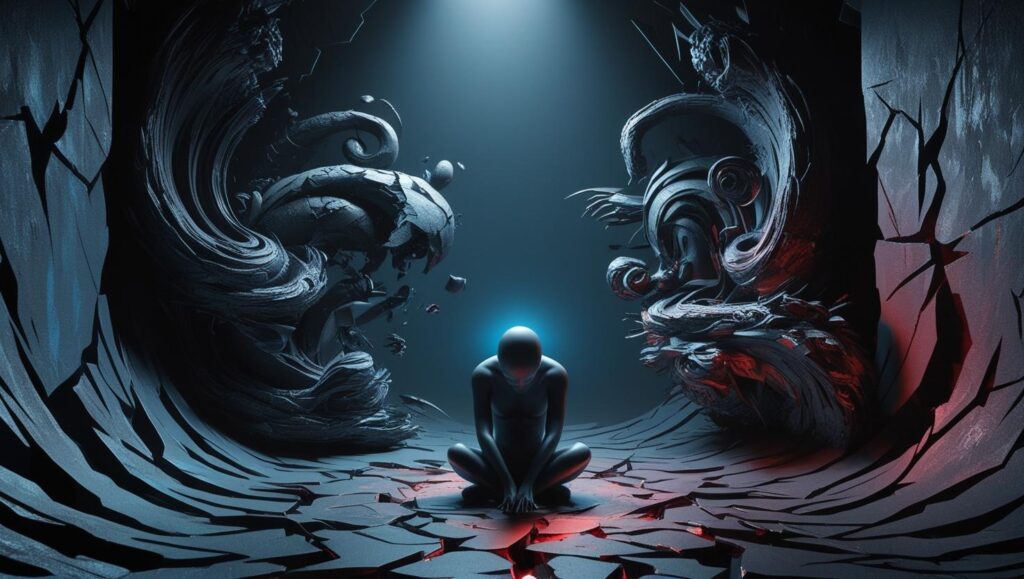 Representación conceptual de la ansiedad, con una figura central rodeada de sombras y caos, simbolizando emociones atrapadas y conflicto interno