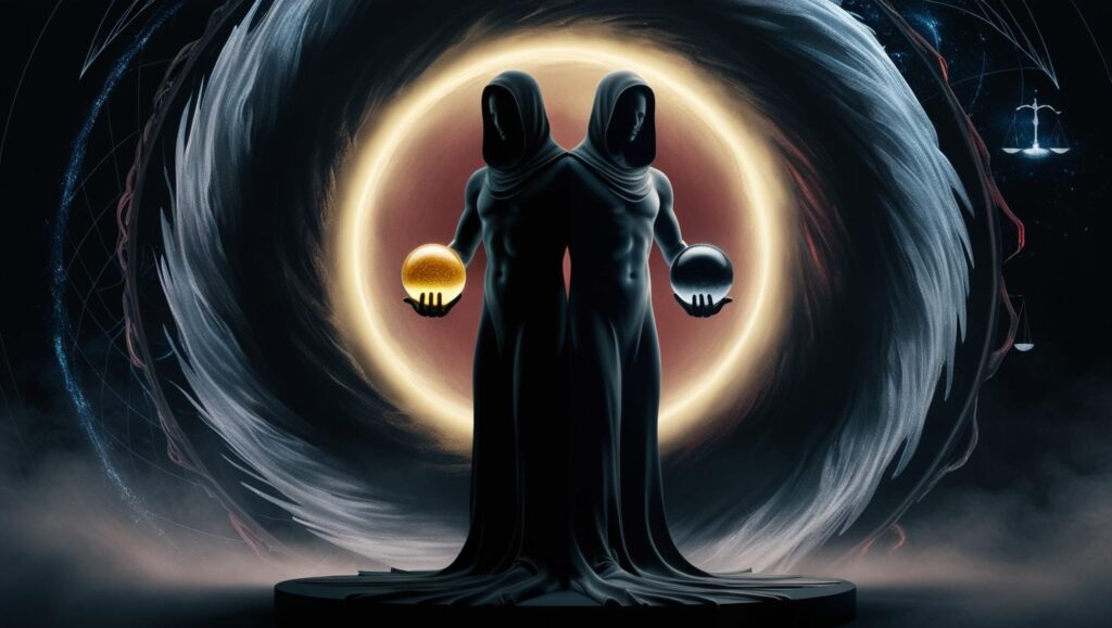Una representación conceptual del karma en tonos oscuros, con figuras encapuchadas que sostienen esferas de luz y oscuridad, destacando la dualidad del equilibrio universal.