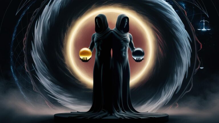 Una representación conceptual del karma en tonos oscuros, con figuras encapuchadas que sostienen esferas de luz y oscuridad, destacando la dualidad del equilibrio universal.